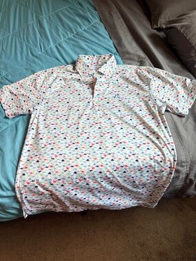 Men's White Polo Shirt with Multi-Color Fish Print